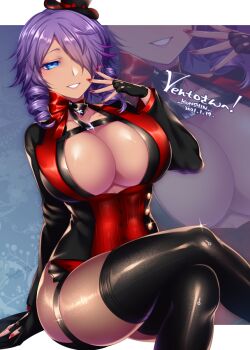 Rule 34 | 1girl, black thighhighs, blue eyes, breasts, cleavage, commission, crossed legs, dark-skinned female, dark skin, dated, drill hair, female focus, fingerless gloves, gloves, hair over eyes, hat, huge breasts, konshin, looking at viewer, mini hat, mini top hat, nail polish, phantasy star, phantasy star online 2, purple hair, shiny clothes, short hair, skeb commission, solo, thighhighs, top hat, twin drills