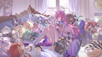 1girl absurdres aglaea_(honkai:_star_rail) anaxa_(honkai:_star_rail) barefoot breasts castorice_(honkai:_star_rail) cerydra_(honkai:_star_rail) character_doll chess_piece chessboard chinese_commentary chrysos_heirs_(honkai:_star_rail) cipher_(honkai:_star_rail) closed_eyes commentary couch curtains cyrene_(honkai:_star_rail) cyrene_(ripples_of_past_reverie)_(honkai:_star_rail) dan_heng_(honkai:_star_rail) dan_heng_(permansor_terrae)_(honkai:_star_rail) doll dress evernight_(honkai:_star_rail) feet flower hair_flower hair_ornament highres honkai:_star_rail honkai_(series) hyacine_(honkai:_star_rail) hysilens_(honkai:_star_rail) indoors large_breasts long_hair march_7th_(honkai:_star_rail) mydei_(honkai:_star_rail) on_couch phainon_(honkai:_star_rail) pink_hair pointy_ears qian_qian_qian solo stelle_(honkai:_star_rail) thighs toes trailblazer_(honkai:_star_rail) trianne_(honkai:_star_rail) tribbie_(honkai:_star_rail) trinnon_(honkai:_star_rail) very_long_hair white_dress window