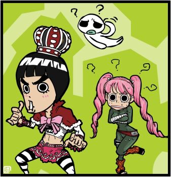 1boy 1girl ? abs artist_request black_eyes black_hair bodysuit breasts cleavage cosplay costume_switch covering_breasts covering_privates crossdressing crossover crown curvy devil_fruit embarrassed eyes_visible_through_hair full_body green_background horo_horo_no_mi large_breasts long_hair looking_at_viewer miniskirt muscular naruto_(series) naruto_shippuuden navel one_piece perona pink_hair rock_lee shiny_skin simple_background skirt striped_clothes striped_thighhighs surprised sweat thighhighs twintails umbrella very_long_hair what wide_hips wind