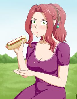 1girl artist_name blue_sky blush breasts bush cheek_bulge cleavage closed_mouth collarbone commentary dress eating embarrassed english_commentary eyelashes food food_on_clothes food_on_face forehead grass green_eyes groin hair_intakes hands_up highres holding holding_food hot_dog large_breasts long_hair looking_at_viewer malty_s_melromarc mixed-language_commentary nose omukade outdoors ponytail purple_dress red_hair short_sleeves sidelocks signature sitting sky solo tate_no_yuusha_no_nariagari v-shaped_eyebrows wide-eyed