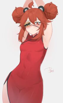 1girl absurdres ahoge animal_ears armpits arms_up bare_shoulders bear_ears blush breasts dress eyepatch fake_animal_ears hair_between_eyes hair_ornament highres koleda_belobog looking_at_viewer phaego red_dress red_eyes red_hair solo zenless_zone_zero