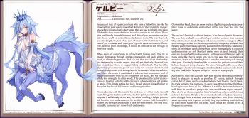 1girl alternate_language bare_shoulders blue_hair blush breasts bridal_gauntlets centaur character_name character_profile covered_navel crown english_text green_eyes hard-translated kelpie_(monster_girl_encyclopedia) kenkou_cross long_hair looking_at_viewer monster_girl monster_girl_encyclopedia official_art revealing_clothes small_breasts solo tail taur third-party_edit translated very_long_hair