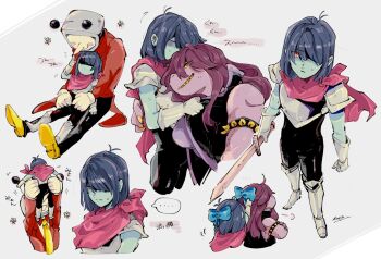 ... 1boy 1girl 1other ant_tenna armlet armor black_bodysuit black_pants black_shirt blue_bow blue_hair body_freckles bodysuit bow cape colored_sclera colored_skin colored_teeth commentary crt deltarune freckles furry furry_female gloves grey_gloves hair_over_one_eye jewelry kiguchiko kris_(dark_world)_(deltarune) kris_(deltarune) lifting_person long_nose medium_hair multiple_views necktie object_head other_with_female pants pink_cape pointy_nose purple_hair purple_skin red_eyes shirt shoes short_hair signature size_difference small_sweatdrop smile spiked_armlet spoken_ellipsis susie_(dark_world)_(deltarune) susie_(deltarune) sweat symbol-only_commentary tailcoat utdr_(toby_fox) yellow_necktie yellow_sclera yellow_shoes yellow_teeth