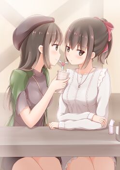 2girls blush bow breasts brown_eyes brown_headwear crossed_arms cup disposable_cup hair_bow hat highres holding holding_cup indoors jewelry kamakama_(kdmorh_kamakama) long_sleeves looking_at_another looking_at_viewer medium_breasts multiple_girls necklace original red_bow shared_straw sidelocks sitting yuri