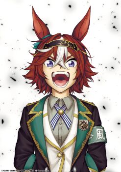 1girl absurdres animal_ears armband bamboo_memory_(ambition_of_the_black_iron)_(umamusume) bamboo_memory_(umamusume) black_jacket blue_ribbon brown_hair collared_shirt commentary_request debris green_armband grey_shirt hachimaki hair_between_eyes hairband headband highres horse_ears horse_girl jacket kuzumi_taiyou looking_at_viewer neck_ribbon official_art open_mouth purple_eyes ribbon shirt short_hair shouting solo umamusume umamusume:_cinderella_gray upper_body white_background white_hair white_jacket