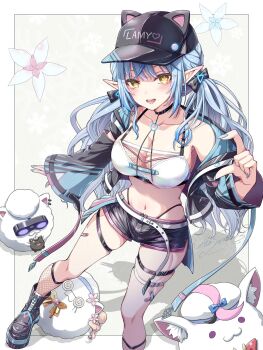 1girl alto_seneka baseball_cap black_hat black_jacket black_shorts blue_hair bra breasts cleavage commentary elf hat highres hololive jacket large_breasts long_hair official_alternate_costume official_alternate_hairstyle pointy_ears shadow shorts solo_focus standing underwear virtual_youtuber white_bra yellow_eyes yukihana_lamy yukihana_lamy_(cyber) yukimin_(yukihana_lamy)