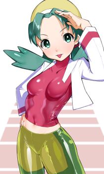 1girl absurdres beanie bike_shorts blue_eyes blue_hair breasts commentary_request cropped_jacket hat highres jacket kris_(pokemon) long_hair maeve_(ve) medium_breasts midriff_peek navel nintendo pokemon pokemon_gsc red_shirt salute shirt shorts tongue tongue_out twintails yellow_hat yellow_shorts