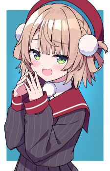 Rule 34 | 1girl, :d, black jacket, blonde hair, blue background, blush, border, commentary request, dot nose, green eyes, hair ornament, hands up, hat, indie virtual youtuber, jacket, kaie, long sleeves, looking at viewer, open mouth, outside border, pinstripe jacket, pinstripe pattern, pom pom (clothes), pom pom hair ornament, red hat, red sailor collar, sailor collar, shigure ui (vtuber), short hair, simple background, smile, solo, steepled fingers, upper body, virtual youtuber, white border