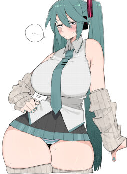 ... 1girl alternate_breast_size_(larger) aqua_hair aqua_necktie arm_warmers bare_shoulders blue_hair blue_nails blue_necktie blush breasts collared_shirt commentary cowboy_shot curvy expressionless fingernails hair_between_eyes half-closed_eyes hand_on_own_hip hatsune_miku highres huge_breasts large_breasts long_hair looking_at_viewer microskirt nail_polish necktie ohasi panties panty_peek ribbed_thighhighs shirt simple_background skirt sleeveless sleeveless_shirt solo spoken_ellipsis striped_clothes striped_panties symbol-only_commentary thick_thighs thighhighs thighs twintails underwear very_long_hair vocaloid white_shirt wide_hips