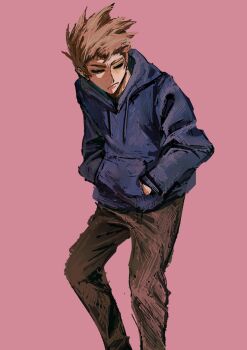 Rule 34 | 1boy, absurdres, animification, blue hoodie, brown hair, cowboy shot, dora (dorrra05), drawstring, eddsworld, grey pants, hand in pocket, highres, hollow eyes, hood, hood down, hoodie, long sleeves, male focus, pants, pink background, short hair, simple background, solo, spiked hair, standing, tom (eddsworld)