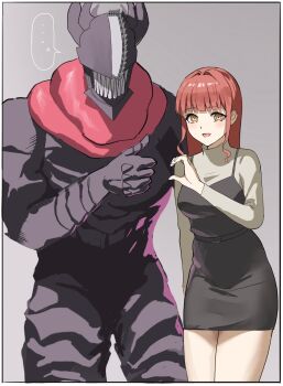 ... 1boy 1girl anteiru black_dress border brown_shirt chainsaw_devil chainsaw_man commentary_request cowboy_shot dress hair_down heart_hands_failure highres long_hair long_sleeves makima_(chainsaw_man) open_mouth pinafore_dress red_hair ringed_eyes sharp_teeth shirt short_dress sleeveless sleeveless_dress smile spoken_ellipsis standing teeth turtleneck turtleneck_shirt white_border yellow_eyes