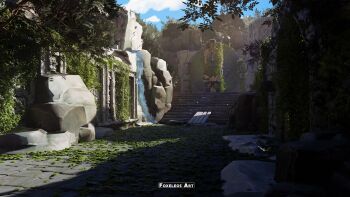 3d absurdres blender_(medium) blue_sky cloud commentary english_commentary foxeleos highres no_humans original outdoors photoshop_(medium) plant rock ruins scenery sett shadow sky stairs statue tree vines water waterfall watermark