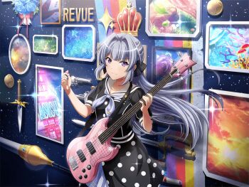 1girl badge bass_guitar black_dress bouquet closed_mouth cosplay crown_ornament dress floating_hair flower game_cg grey_hair grey_neckerchief gun hair_intakes handgun holding holding_bass_guitar holding_instrument holding_plectrum instrument knife lance long_hair looking_at_viewer neckerchief official_art picture_frame plectrum polearm purple_eyes rapier revolver sailor_collar shoujo_kageki_revue_starlight shoujo_kageki_revue_starlight_-re_live- sidelocks smile solo sparkle standing sword upper_body ushigome_rimi ushigome_rimi_(cosplay) v-shaped_eyebrows weapon white_sailor_collar yukishiro_akira