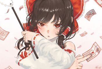 1girl absurdres bare_shoulders between_fingers blood blood_on_face blush bow bright_pupils brown_hair clip_studio_paint_(medium) collar commentary detached_sleeves frilled_bow frilled_hair_tubes frilled_shirt_collar frills gohei gradient_background hair_bow hair_tubes hakurei_reimu hands_up highres holding holding_gohei lips long_hair looking_at_viewer nose_blush ofuda ofuda_between_fingers parted_lips poninya red_bow red_eyes signature solo symbol-only_commentary touhou upper_body white_background white_collar white_pupils white_sleeves yin_yang
