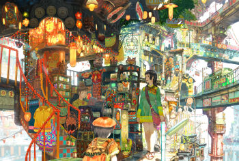 1girl 2boys :d absurdres atmospheric_perspective backpack bag basket beads black_hair book bottle bowl box bridge brown_hair building cash_register cityscape colorful dress drum fantasy flower gashapon green_dress grey_eyes handbag hanging_light hat highres industrial_pipe instrument jar knees lamp lantern light_bulb lute_(instrument) medium_hair multiple_boys open_book open_mouth orange_bag orange_hat original paper_lantern people pink_bag plant potted_plant railing reading round_eyewear sandals scenery shelf shirt shop short_hair sign sky slippers smile spiral_staircase stairs streetcar string_of_flags string_of_light_bulbs teikoku_shounen television tile_roof topknot torii tower traffic_light unworn_shirt unworn_slippers vines white_flower white_sky window window_shutter