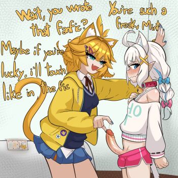 1futa 1girl absurdres ahoge animal_ear_fluff animal_ears blonde_hair blue_eyes blue_skirt blush breasts cat_ears cat_girl cat_tail densetsu.exe dokibird english_text erection from_side futa_with_female futanari green_eyes hair_ornament highres indie_virtual_youtuber jacket kabedon long_hair looking_at_another medium_breasts mint_fantome multiple_girls open_clothes open_jacket open_mouth penis pink_shorts pointy_ears shorts skirt small_breasts smile sweater tail uncensored virtual_youtuber white_hair white_sweater x_hair_ornament yellow_jacket zerhin