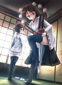 Rule 34 | 2girls, black thighhighs, breasts, brown hair, closed mouth, commentary request, day, dazonipsf, fusuma, hat, himekaidou hatate, indoors, japanese clothes, kimono, kourindou tengu costume, leg up, long sleeves, looking at viewer, medium hair, missing wings, multiple girls, obi, official alternate costume, partial commentary, pelvic curtain, pom pom (clothes), purple eyes, red eyes, red hat, red sash, ribbon-trimmed sleeves, ribbon trim, sash, shameimaru aya, shirt, shouji, side slit, sliding doors, small breasts, smile, standing, standing on one leg, tatami, thighhighs, tokin hat, touhou, undressing, white kimono, white shirt, wide sleeves