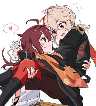 2boys ahoge antenna_hair armor bandaged_hand bandages black_gloves black_haori blush blush_stickers brown_shorts carrying closed_mouth clothing_cutout commentary_request crossed_bangs feet_out_of_frame fingerless_gloves flying_sweatdrops genshin_impact gloves green_eyes hair_between_eyes hair_intakes haori heart highres japanese_armor japanese_clothes kaedehara_kazuha kote kurokote leaf_print long_hair long_sleeves looking_at_another low_ponytail male_focus maple_leaf_print mole mole_under_eye multicolored_hair multiple_boys open_mouth pantyhose ponytail princess_carry red_eyes red_hair red_pantyhose shikanoin_heizou shirt shorts shoulder_armor side_cutout sideless_outfit sidelocks simple_background single_sode sleeveless sleeveless_shirt smile sode speech_bubble spoken_heart streaked_hair sweatdrop tassel teeth ttuyer0 upper_teeth_only white_background white_hair white_shirt wide_sleeves yaoi