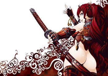 1girl armor ass bottomless female_focus gauntlets japanese_armor kote looking_back nail_polish naked_armor original pink_nails red_hair samurai scabbard sheath shoulder_armor sode solo sword torigoe_takumi tsuka-ito weapon