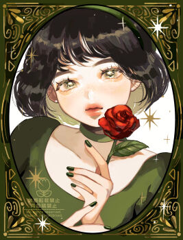 1girl absurdres black_hair blush commentary flower freckles green_eyes highres holding holding_flower looking_at_viewer moon_oo8 original red_flower red_rose rose short_hair solo sparkle symbol-only_commentary