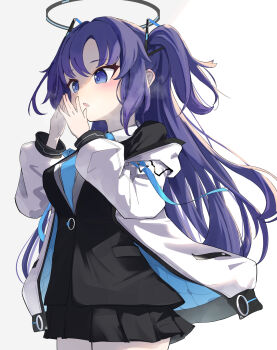 1girl :o absurdres black_halo black_skirt black_suit blue_archive blue_eyes blue_necktie blush breath cold collared_shirt commentary cowboy_shot floating_hair formal_clothes hair_ornament halo hands_up highres jacket long_hair mechanical_halo miniskirt necktie no_ra339 open_clothes open_jacket open_mouth own_hands_together pleated_skirt purple_hair school_uniform shirt simple_background skirt solo steepled_fingers suit triangle_hair_ornament two_side_up very_long_hair white_background white_jacket white_shirt yuuka_(blue_archive)