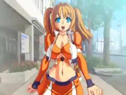 1girl animated arm_warmers ass bingo_tarte blue_eyes bouncing_breasts breast_slap breasts brown_hair city cleavage curvy from_below happy jacket large_breasts laughing looking_at_viewer lowres midriff outdoors panties pantyshot pridot skirt sound thighhighs twintails underwear video walking wide_hips