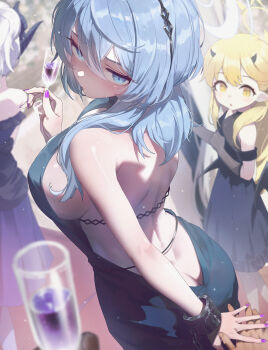 1boy 3girls absurdres ako_(blue_archive) ako_(dress)_(blue_archive) ass blue_archive blue_dress blue_eyes blue_hair blush breasts butt_crack champagne_flute commentary_request cuffs cup demon_horns dimples_of_venus dress drinking_glass evening_gown fingernails halo hand_on_hand hetero highres hina_(blue_archive) hina_(dress)_(blue_archive) holding holding_cup horns ibuki_(blue_archive) ibuki_(dress)_(blue_archive) large_breasts long_hair looking_at_viewer looking_back median_furrow multiple_girls nail_polish official_alternate_costume official_alternate_hairstyle pointy_ears pov shackles shoulder_blades sideboob sideless_dress solo_focus sushispin