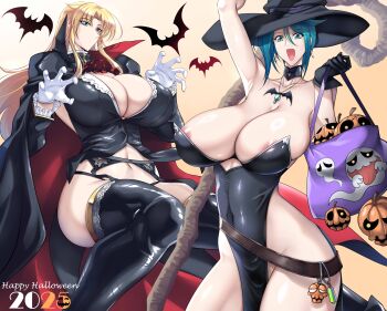 2girls absurdres breasts haganef halloween highres huge_breasts long_hair multiple_girls
