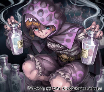 1girl blonde_hair character_request copyright_notice green_eyes highres hood hoodie kousaku looking_at_viewer medium_hair nail_polish official_art purple_hoodie purple_nails purple_shorts shirt shorts smile solo tongue tongue_out white_shirt wixoss