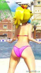 1girl 3d animated ass ball beach beachball bikini blonde_hair blue_eyes bouncing breasts cleavage food highres ice_cream large_breasts legs lipstick lowres makeup mario_(series) multiple_views navel nintendo ocean open_mouth pink_bikini ponytail princess princess_peach super_mario_sunshine swimsuit tagme thighs turnaround video virtuablueam2 water