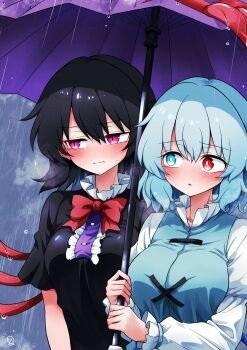 2girls black_dress black_hair blue_eyes blue_hair blue_vest blush bow bowtie breasts bright_pupils center_frills commentary_request commission dress frills heterochromia highres houjuu_nue karakasa_obake large_breasts looking_at_another looking_to_the_side multiple_girls open_mouth pink_eyes purple_umbrella rain raised_inner_eyebrows red_bow red_bowtie red_eyes red_wings scavia10 shared_umbrella shirt short_hair short_sleeves skeb_commission slit_pupils tatara_kogasa tongue touhou umbrella upper_body vest white_pupils white_shirt wings