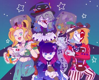 animal avocado_(the_witchs_fabulous_cracker_show) band_(music) bird blonde_hair blue_eyes colorful distel_(the_witchs_fabulous_cracker_show) dress evil_grin evil_smile gloves gothic_lolita green_eyes grey_hair grin hat heart heart-shaped_eyewear highres holding holding_instrument horns instrument irina_(the_witchs_fabulous_cracker_show) jacket joker_(the_witchs_fabulous_cracker_show) kentucky_chicken_(the_witchs_fabulous_cracker_show) knusperhaus lolita_fashion long_nose looking_at_viewer mask musical_note non-web_source official_art owl purple_hair purple_lips red_jacket simple_background smile star_(symbol) the_witch_(the_witchs_fabulous_cracker_show) the_witchs_fabulous_cracker_show totes_gefisch_(the_witchs_fabulous_cracker_show) totes_getier_(the_witchs_fabulous_cracker_show) white_gloves witch witch_hat