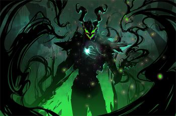 1boy aalure armor black_theme cape chromatic_aberration commentary cowboy_shot english_commentary eyed_silhouette fake_horns green_eyes green_theme highres horned_headwear horns loki_(marvel) loki_(marvel)_(all-butcher) long_hair looking_at_viewer male_focus marvel marvel_rivals official_alternate_costume silhouette solo thor_(marvel)_(series)