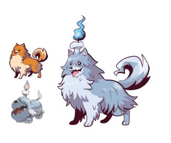 Rule 34 | blue fire, dog, fire, fusion, ghost trick, greavard, highres, missile (ghost trick), nintendo, no humans, open mouth, pokemon, pokemon (creature), reference inset, simple background, solo, white background