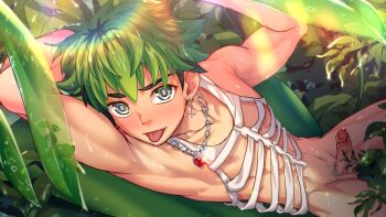 1boy :p absurdres chain chain_necklace collarbone cross cross_earrings earrings flare green_hair grey_eyes heart heart_necklace highres jewelry leaf looking_at_viewer male_focus male_pubic_hair mikkoukun necklace nipples nude original outdoors penis pubic_hair rain ribs short_hair solo tank_top tongue tongue_out uncensored variant_set white_tank_top
