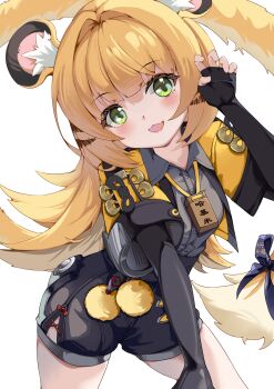 Rule 34 | 1girl, absurdres, animal ear fluff, animal ears, black shorts, bow, claw pose, colored inner hair, commentary request, fang, green eyes, grey shirt, hair intakes, head tilt, high-waist shorts, highres, jacket, ju fufu, long hair, looking at viewer, multicolored hair, ntmy4332, open mouth, shirt, shorts, simple background, skin fang, solo, striped fur, striped hair, tail, tail bow, tail ornament, tiger ears, tiger girl, tiger stripes, tiger tail, white background, yellow jacket, zenless zone zero