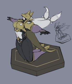 armor black_bodysuit bodysuit breasts digimon digimon_(creature) fox_mask full_body gold_armor gold_mask grey_background grey_hair highres kneeling large_breasts legendary_spirit_(digimon) long_hair male_focus mas_square mask sakuyamon shutumon simple_background solo_focus t-pose