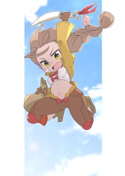 1girl blue_sky bow bow_bra bra breasts brown_gloves brown_hair brown_shorts cloud commentary_request dagger full_body gloves hair_ornament holding holding_dagger holding_knife holding_sack holding_weapon iyofika jacket jumping knife long_hair looking_at_viewer medium_breasts navel open_clothes open_jacket open_mouth piglet pillarboxed ragnarok_online red_bow sack shorts sky smile solo thief_(ragnarok_online) underwear weapon white_bra x_hair_ornament yellow_eyes yellow_jacket