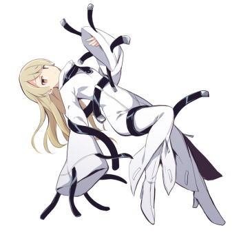 1girl boots brown_eyes c.c. c.c._(cosplay) code_geass cosplay full_body high_heel_boots high_heels idolmaster idolmaster_cinderella_girls knee_up light_brown_hair long_hair long_sleeves morikubo_nono simple_background sleeves_past_fingers sleeves_past_wrists solo straitjacket uccow very_long_hair white_background white_boots wide_sleeves