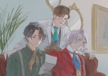 3boys ascot black_eyes black_hair blue_ascot bridge_piercing brown_eyes brown_gloves brown_hair couch face_piercing frederick_kreiburg gloves green_ascot green_shirt grey_eyes grey_hair highres identity_v jacket looking_at_object looking_at_viewer low_ponytail male_focus mirror monocle multiple_boys norton_campbell on_couch orpheus_(identity_v) paper picture_frame piercing plant ponytail red_jacket scar scar_across_eye scar_on_face shirt single_hair_intake suspenders tate_mm vest wavy_hair white_gloves white_jacket yellow_ascot yellow_vest