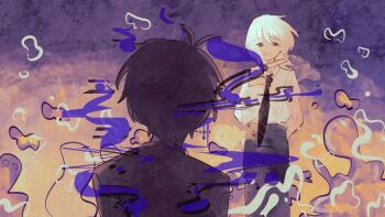 2boys akinashi_haru arm_behind_back averting_eyes black_necktie black_pants blade_to_own_throat blade_to_throat chinese_commentary commentary_request facing_another from_behind glitch gradient_background highres holding holding_knife imminent_suicide knife luoxingkong male_focus multiple_boys necktie pants saihate_eki tatsunami_shion