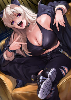 1girl absurdres animal_ears black_choker black_jacket black_pants black_shoes blush bracelet breasts chinese_commentary choker cleavage commentary_request ear_piercing highres indie_virtual_youtuber jacket jewelry kisaragi_tsurugi large_breasts long_hair long_sleeves looking_at_viewer navel open_mouth pants piercing purple_eyes shoes sitting solo spiked_bracelet spikes tongue tongue_out torn_clothes torn_pants virtual_youtuber white_hair