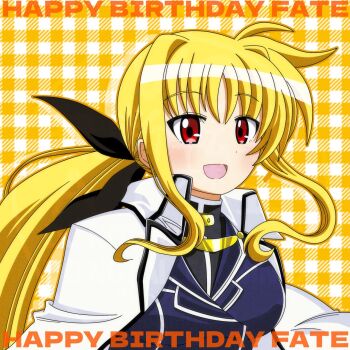 1girl :d black_ribbon blonde_hair blue_jacket breasts cape character_name commentary_request english_text fate_testarossa floating_hair grid_background hair_ribbon happy_birthday highres jacket large_breasts long_sidelocks lyrical_nanoha mahou_shoujo_lyrical_nanoha_strikers nbalnuae7 open_mouth parted_bangs ponytail red_eyes ribbon sidelocks simple_background smile solo tsab_executive_military_uniform upper_body white_cape wispy_bangs