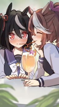 2girls animal_ears black_hair blush bow bowtie brown_hair closed_mouth commentary_request crazy_straw cup drinking_glass drinking_straw embarrassed closed_eyes flying_sweatdrops hair_bow heart heart_straw highres horse_ears kitasan_black_(umamusume) long_hair long_sleeves multicolored_hair multiple_girls noyama_(noyama8888) orange_bow pink_bow ponytail purple_sailor_collar purple_shirt red_eyes sailor_collar school_uniform shared_drink shirt smile streaked_hair tokai_teio_(umamusume) tracen_school_uniform umamusume white_bow white_bowtie white_hair wine_glass yuri