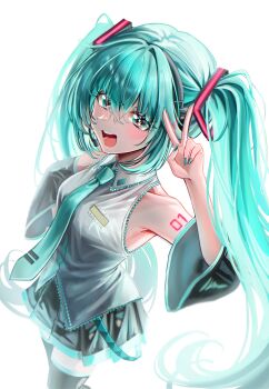 1girl absurdres aqua_eyes aqua_hair aqua_nails aqua_trim arm_tattoo armpit_crease b12_s2 black_shorts boots breasts collared_shirt commentary_request detached_sleeves grey_shirt hair_between_eyes hatsune_miku headset highres long_hair long_sleeves looking_at_viewer medium_breasts number_tattoo shirt short_shorts shorts simple_background sleeveless sleeveless_shirt sleeves_past_wrists solo tattoo thigh_boots twintails v very_long_hair vocaloid white_background wide_sleeves