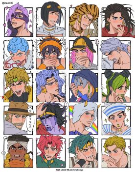 Rule 34 | 3girls, 6+boys, animal print, arm behind head, asymmetrical bangs, bantu knots, battle tendency, beard, black hair, blonde hair, blood, blood splatter, blue hair, blunt bangs, blush, blushing girls are cute (template), bob cut, braid, braided bun, bridal gauntlets, bruno bucciarati, chain, chain earrings, clenched teeth, closed eyes, colored skin, covering own ears, covering own mouth, cowboy hat, dark-skinned male, dark skin, dio brando, domino mask, double bun, earrings, eye mask, facial hair, fang, fangs, fur hat, gakuran, ghiaccio, glasses, gloves, green eyes, green hair, green lips, grey hair, grin, hair bun, hair ornament, hand on own cheek, hand on own face, hand on own neck, hand up, hat, headband, headpat, heart, heart earrings, higashikata josuke (jojolion), highres, holding, holding removed eyewear, holding spoon, hood, hood up, hoop earrings, horned hat, hot pants (sbr), index finger raised, jewelry, jodio joestar, jojo no kimyou na bouken, jojolion, joseph joestar, joseph joestar (old), kakyoin noriaki, kira yoshikage, kishibe rohan, kiss, kissing hand, kuujou jolyne, leopard print, lisa lisa, long hair, looking to the side, mask, melone, mohammed avdol, mountain tim, multicolored hair, multiple boys, multiple drawing challenge, multiple girls, mustache, narancia ghirga, nose blush, old, old man, one eye closed, parted bangs, parted lips, pink eyes, pink hair, ponytail, purple eyes, purple hair, purple skin, red-framed eyewear, red eyes, red hair, ringo roadagain, sailor collar, sailor hat, scarf, school uniform, short hair, shuaitofu, sleeves past wrists, smile, spoon, stand (jojo), star platinum, stardust crusaders, steel ball run, stone ocean, sweat, teeth, tongue, tongue out, two side up, unworn eyewear, vanilla ice, vento aureo, weather report, wristband, zebra print