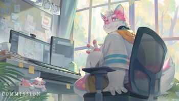 1boy absurdres animal_ears blue_eyes book book_stack bulletin_board chair coffee_mug commentary_request commission computer cup dog_boy dog_ears furry furry_male headphones headphones_around_neck highres indie_virtual_youtuber looking_at_viewer male_focus monitor mug multiple_monitors office_chair pawpads plant pu-kan seamonsterping sticky_note stuffed_toy swivel_chair vertical_monitor webcam window