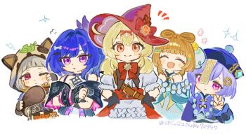 5girls :d ^_^ ahoge animal_ears animal_hood apron aqua_dress arm_warmers artist_name bare_shoulders bead_necklace beads black_arm_warmers black_capelet black_choker black_dress black_gloves black_sash blonde_hair blunt_bangs blush bone_hair_ornament bow bow-shaped_hair bowtie bracelet brooch brown_hair brown_kimono capelet china_dress chinese_clothes choker clenched_hands closed_eyes closed_mouth clover_brooch coin_hair_ornament commentary_request crossed_arms crossed_bangs dress expressionless eyelashes fake_animal_ears fake_tail fingerless_gloves flower flower_symbol frilled_sleeves frills frown genshin_impact gloves grey_hair hair_between_eyes hair_flower hair_intakes hair_ornament hair_ribbon hairclip hand_up hands_on_own_hips hands_up happy hat hat_bow high-waist_skirt holding_own_tail hood hood_up japanese_clothes jewelry kimono kinchaku klee_(blossoming_starlight)_(genshin_impact) klee_(genshin_impact) leaf leaf_on_head long_hair long_sleeves looking_at_viewer low_twintails mandarin_collar medium_hair multiple_girls nanase_sato necklace notice_lines obi official_alternate_costume ofuda ofuda_on_head one_eye_closed open_mouth pouch prune_(genshin_impact) puffy_short_sleeves puffy_sleeves purple_dress purple_eyes purple_hair purple_hat purple_ribbon qingdai_guanmao qiqi_(genshin_impact) raccoon_ears raccoon_hood raccoon_tail red_bow red_bowtie red_eyes red_hat red_ribbon red_skirt ribbon rubbing_eyes sash sayu_(genshin_impact) shirt short_hair short_sleeves sidelocks simple_background skirt smile sparkle squeans studded_bracelet tail tilted_headwear twintails twitter_username v v-shaped_eyebrows vision_(genshin_impact) waist_apron white_apron white_background white_dress white_flower white_shirt witch_hat yaoyao_(genshin_impact) yaoyao_(rainlit_bamboo_reverie)_(genshin_impact)