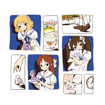 3girls alternate_costume black_eyes blonde_hair blue_ribbon blush border bottle bow brown_eyes brown_hair clock closed_mouth collage commentary_request cup dress english_text expressionless flower_pot hair_bow hairband half_updo head_tilt highres holding holding_stuffed_toy idolmaster idolmaster_cinderella_girls iwashi_iwashimo long_hair looking_at_viewer matoba_risa milk_bottle multiple_girls multiple_hair_bows neck_ribbon hugging_object puffy_short_sleeves puffy_sleeves ribbon sailor_collar sakurai_momoka shoes short_sleeves smile socks stack stuffed_animal stuffed_toy tachibana_arisu teacup twintails wall_clock white_border white_bow white_dress white_hairband white_sailor_collar white_socks