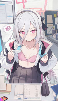 1girl black_hairband blue_archive bra bulletin_board collared_shirt hair_between_eyes hairband halo highres houraku indoors jacket kei_(blue_archive) kei_(new_body)_(blue_archive) light_blush loli long_hair long_hair_between_eyes long_sleeves looking_at_viewer notebook open_clothes open_shirt paid_reward_available phone pink_bra pink_eyes pink_halo pleated_skirt shirt skirt solo spoken_squiggle squiggle story_in_commentary table underwear undressing white_hair